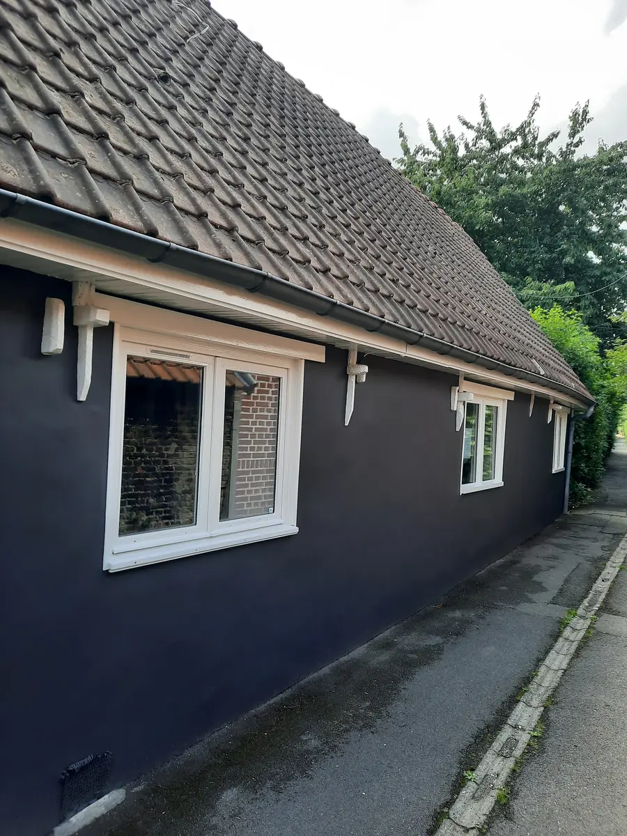 Peinture extérieure gris anthracite sur façade avec menuiseries et gouttières blanches