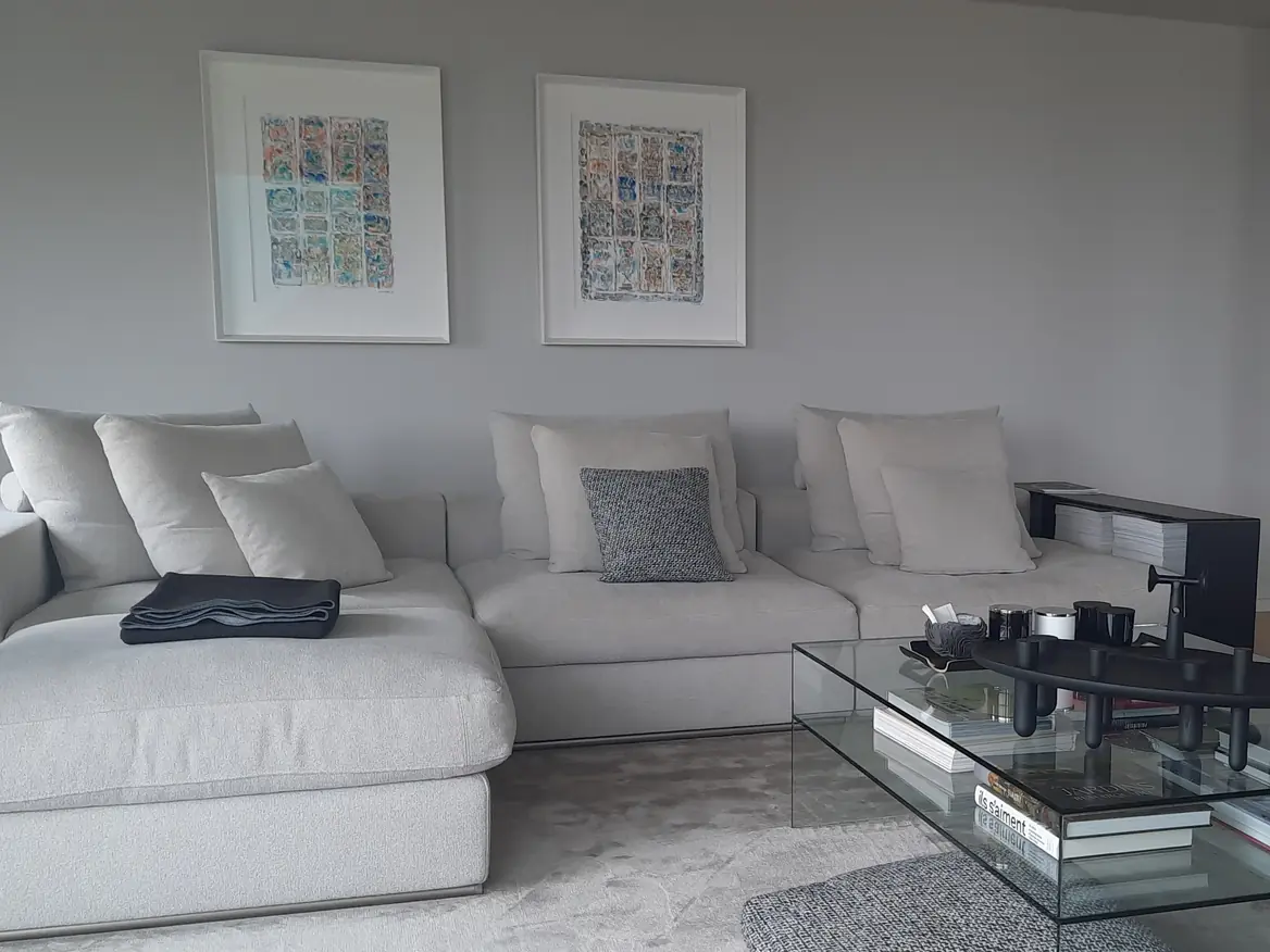Peinture murale gris clair dans un salon avec canapé d'angle moderne.